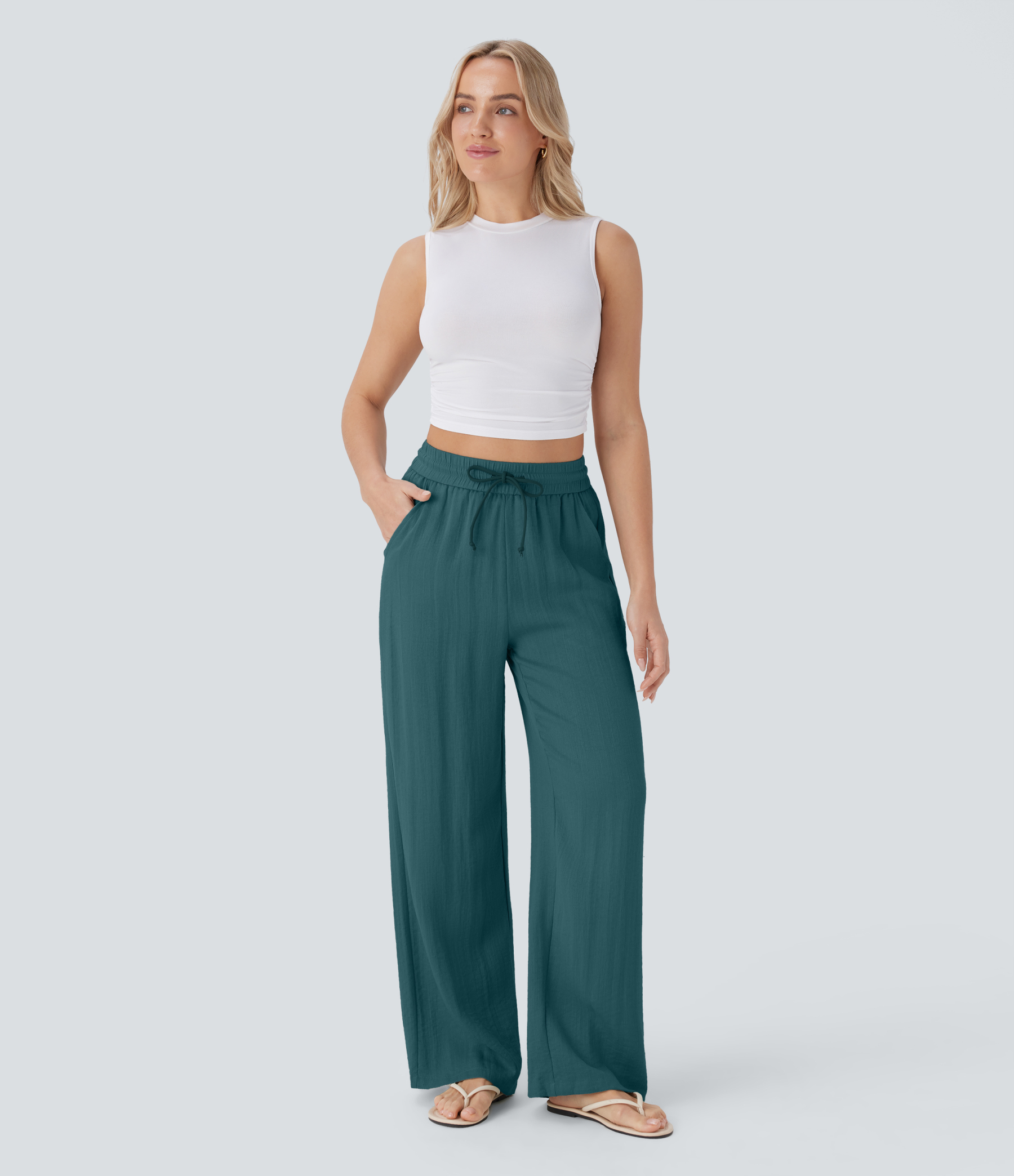 High Waisted Drawstring Pocket Wide Leg Casual Linen-Feel Pants
