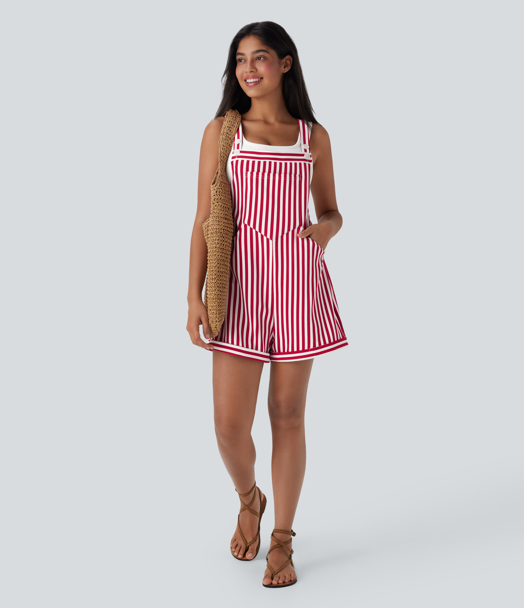 Pockets Stripe Waffle Overalls