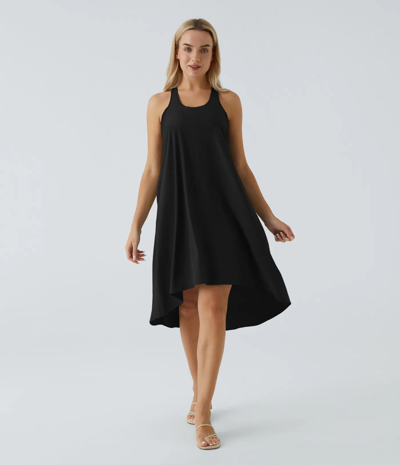 Backless Side-Pocket High-Low Hem Flowy Mid-Length Quick-Drying Casual Dress
