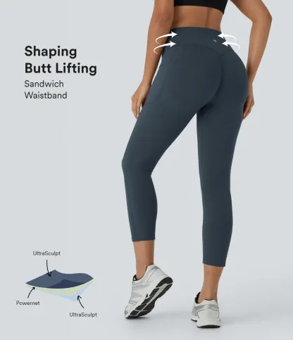 High Waisted Scrunch Butt Lifting Tummy Control Pocket Shaping Capri Training Leggings