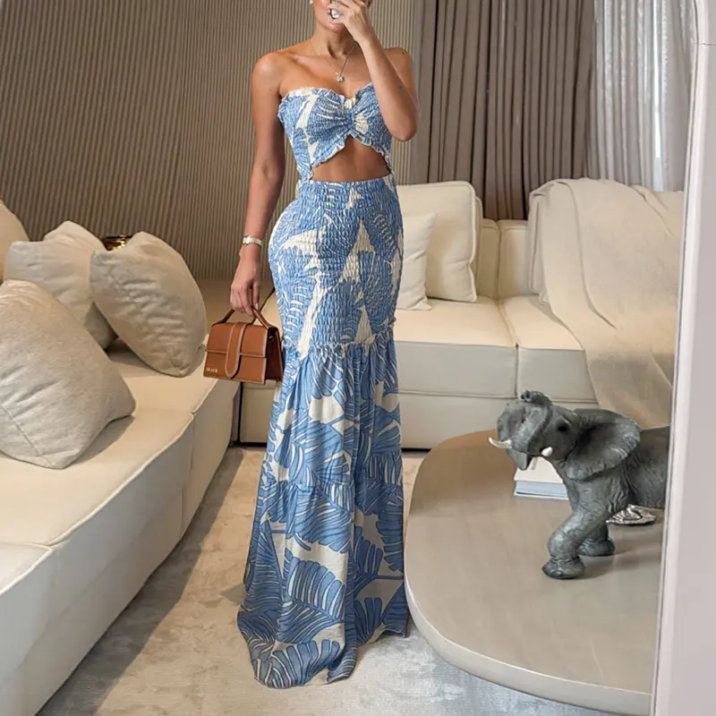 Women's Tropical Floral Print Smocked Maxi Dress Ruched Bandeau Cutout Summer Vacation Dress Elegant Shirred Ruffle Hem Mermaid Beach Dress/Summer Dress/Seaside Vacation Sleeveless Skirt