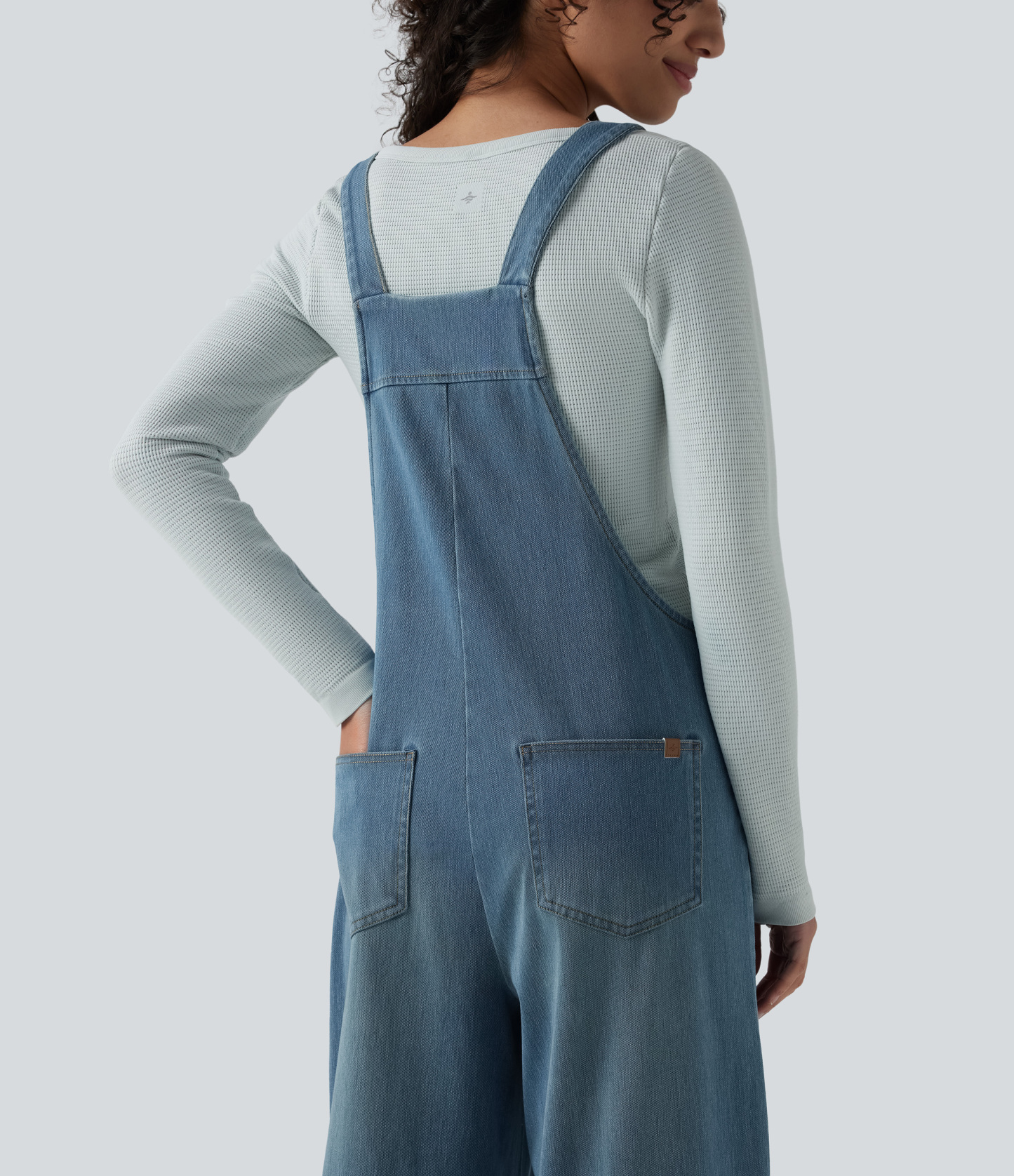 Square Neck Washed Denim Casual Overalls with Pockets