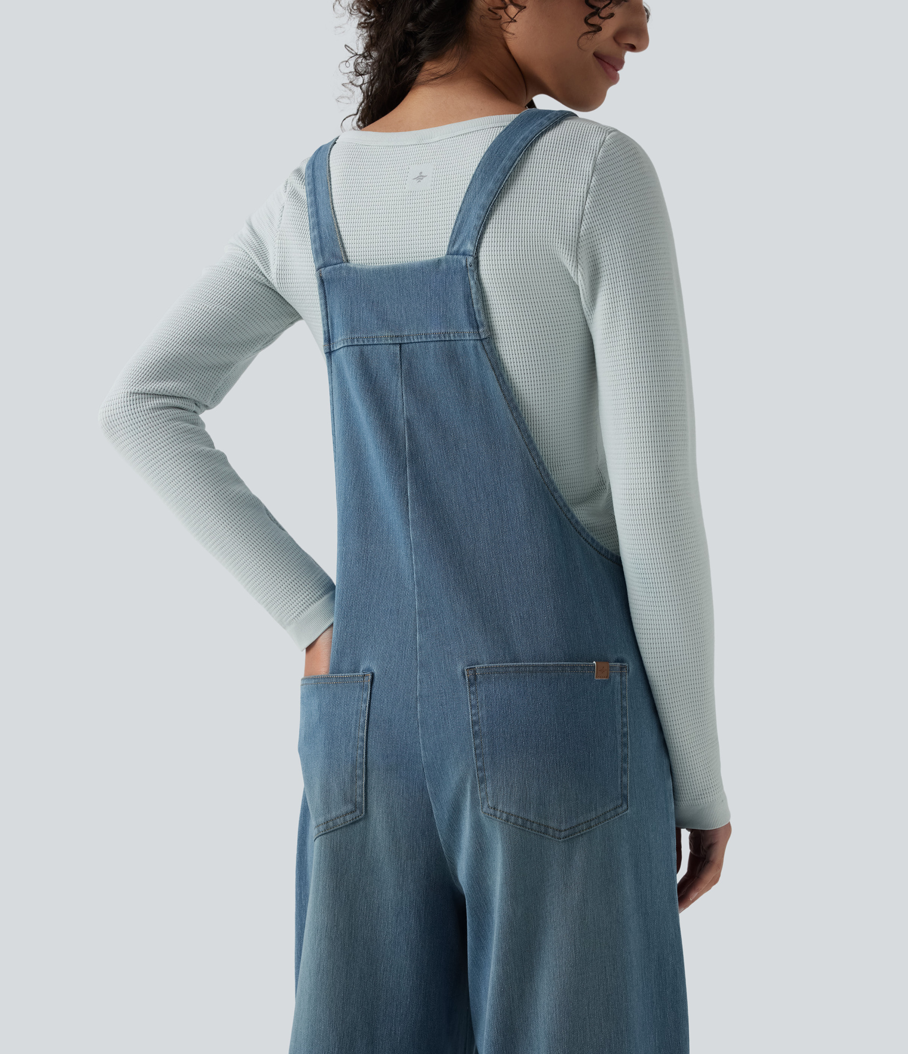 Square Neck Washed Denim Casual Overalls with Pockets