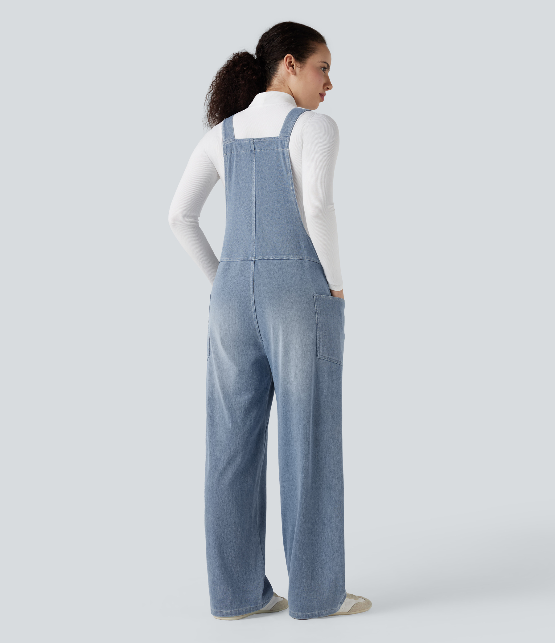 V Neck Pocket Washed Denim Casual Overalls