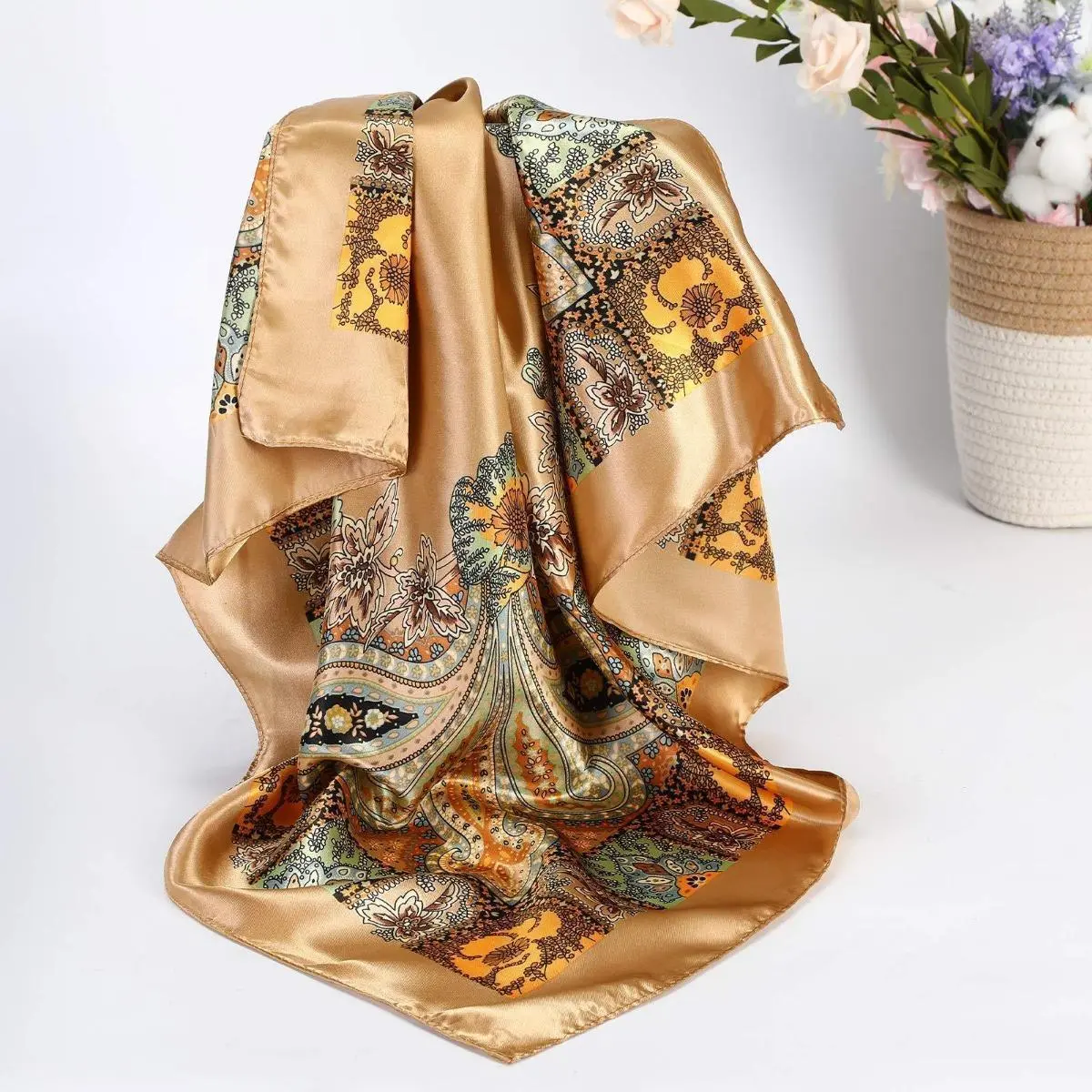 4 Pack Shawl Scarf Set for Women, 35" Large Square Silk-Like Satin Head Wrap, Allover Print Fashion Neck Shawl Accessories for Women, Floral Print Scarf, Decorative Scarf