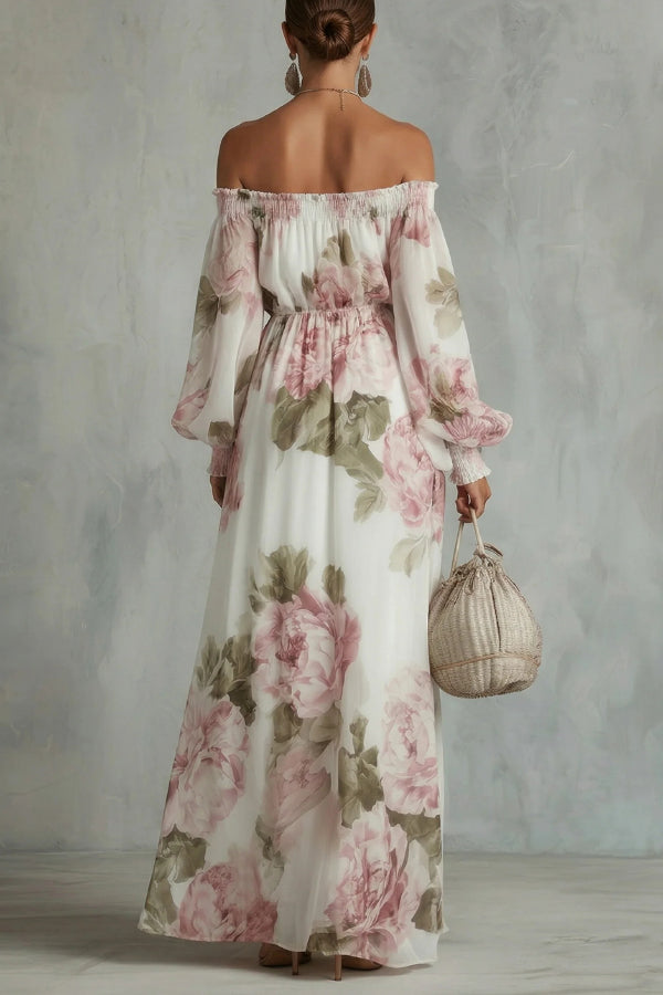 Floral Print Off-Shoulder Long-Sleeve Elastic Waist-Defining Maxi Dress