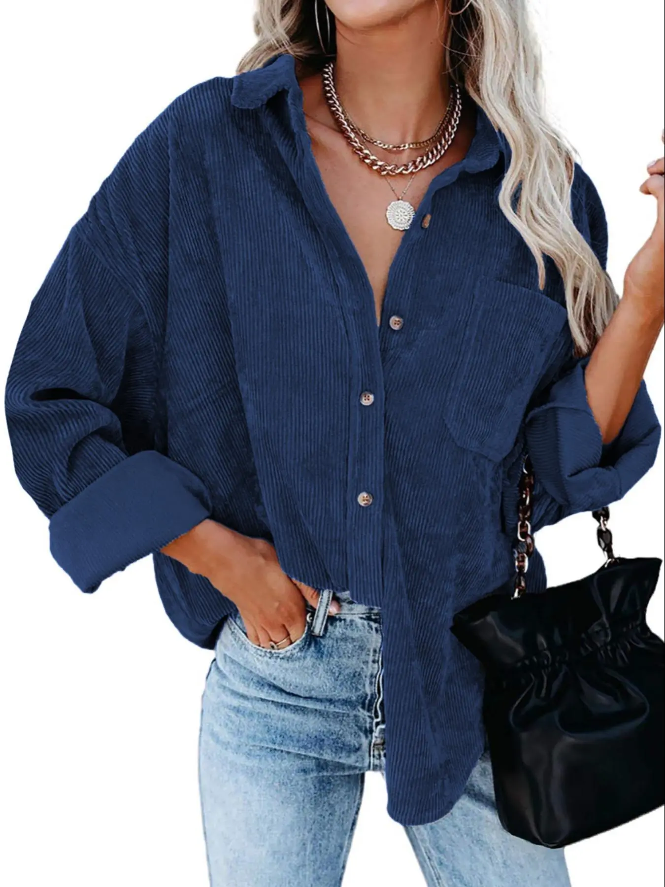 Women's Corduroy Shirt with Pocket - Drop Shoulder Style