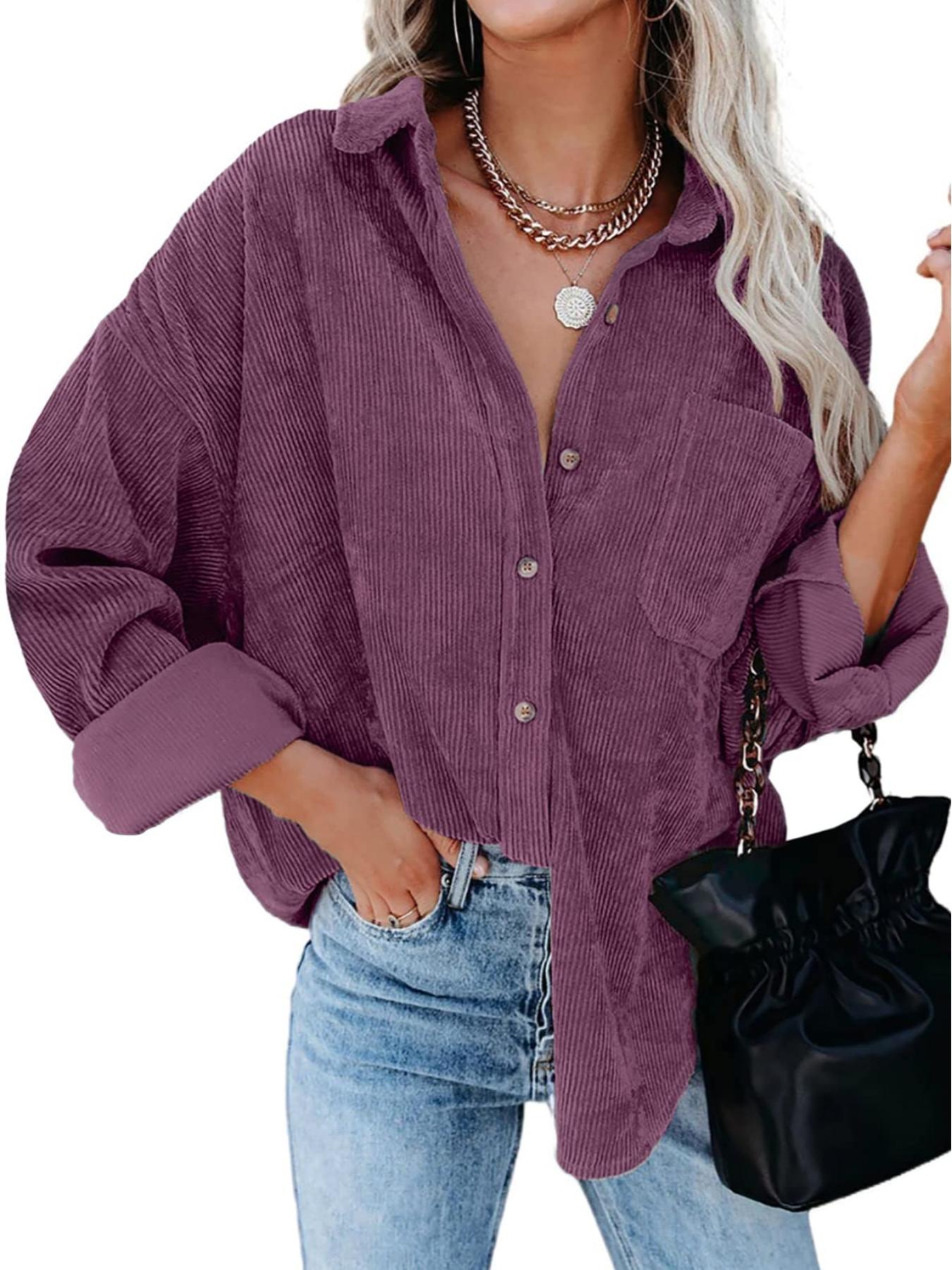 Women's Corduroy Button Collared Blouse Shirt With Pocket, Long Sleeve Loose Fit Oversize Drop Shoulder Casual Everyday Style For Spring & Fall