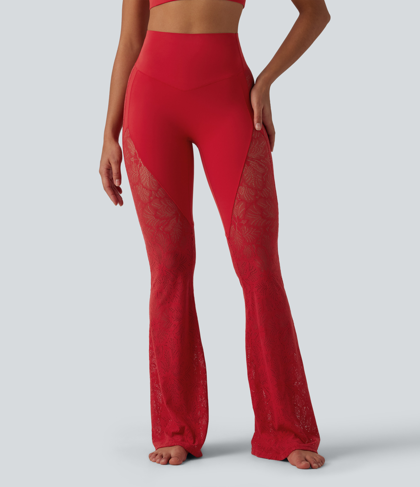 High Waisted Tummy Control Contrast Lace Yoga Flare Leggings with Pocket