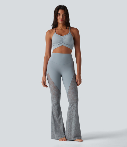 High Waisted Tummy Control Contrast Lace Yoga Flare Leggings with Pocket
