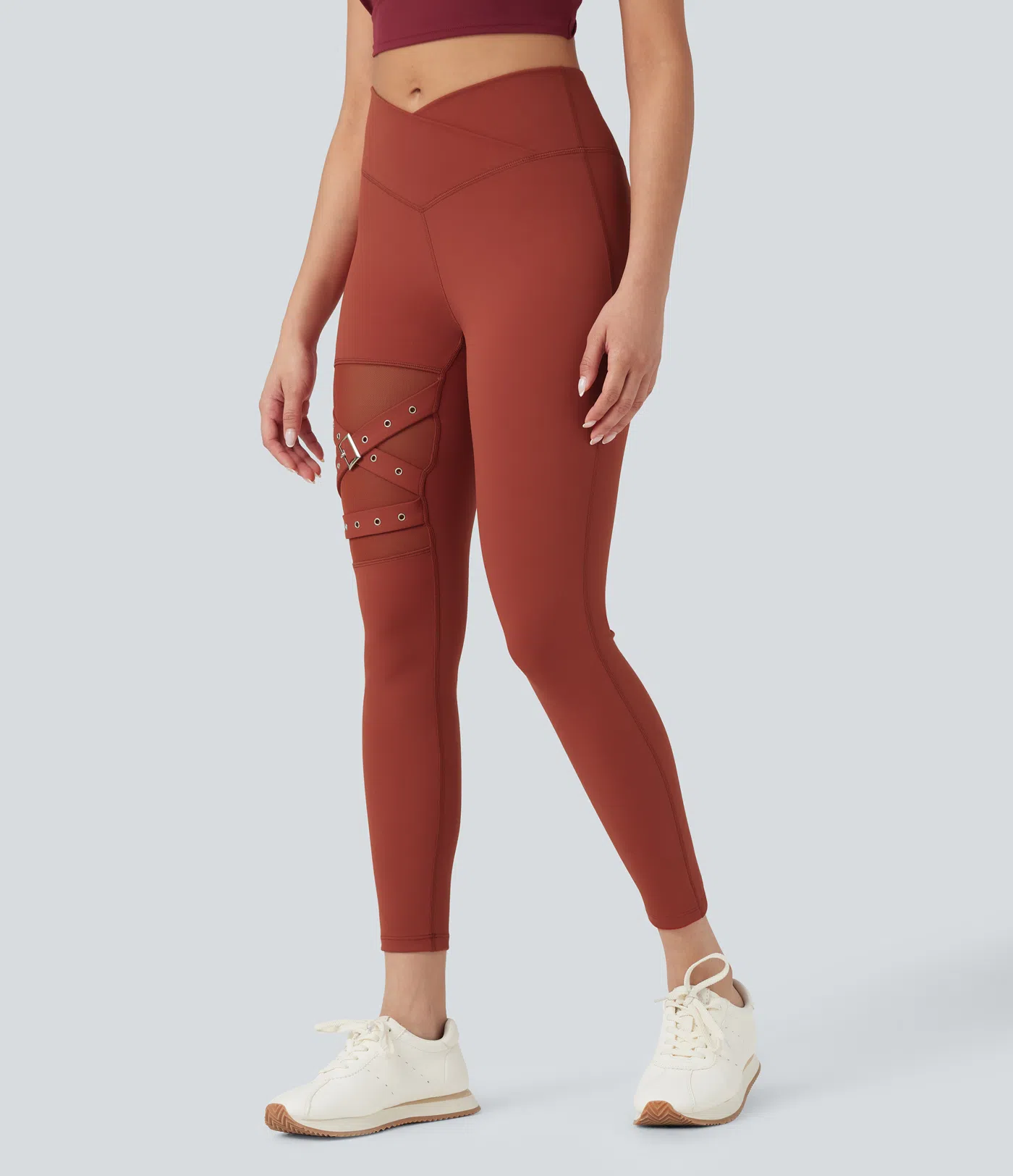 DayStretch High Waisted Crossover Contrast Mesh Decorative Buckle Yoga Leggings