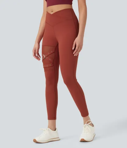 DayStretch High Waisted Crossover Contrast Mesh Decorative Buckle Yoga Leggings