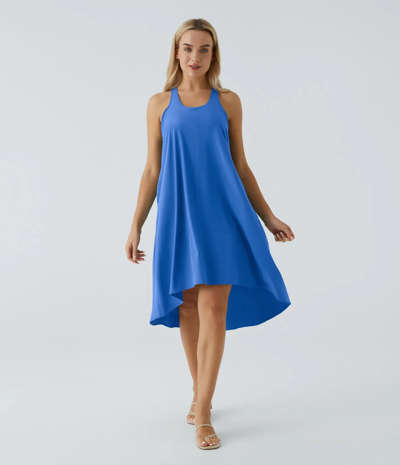 Backless Side-Pocket High-Low Hem Flowy Mid-Length Quick-Drying Casual Dress