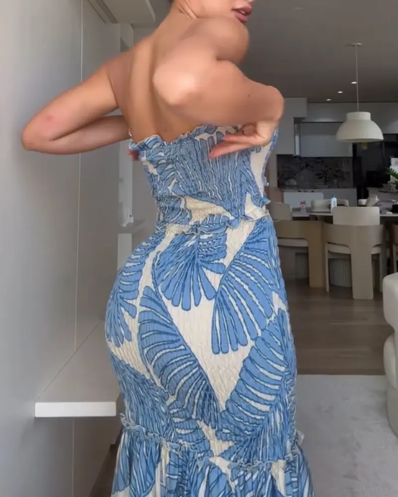 Women's Tropical Floral Print Smocked Maxi Dress Ruched Bandeau Cutout Summer Vacation Dress Elegant Shirred Ruffle Hem Mermaid Beach Dress/Summer Dress/Seaside Vacation Sleeveless Skirt