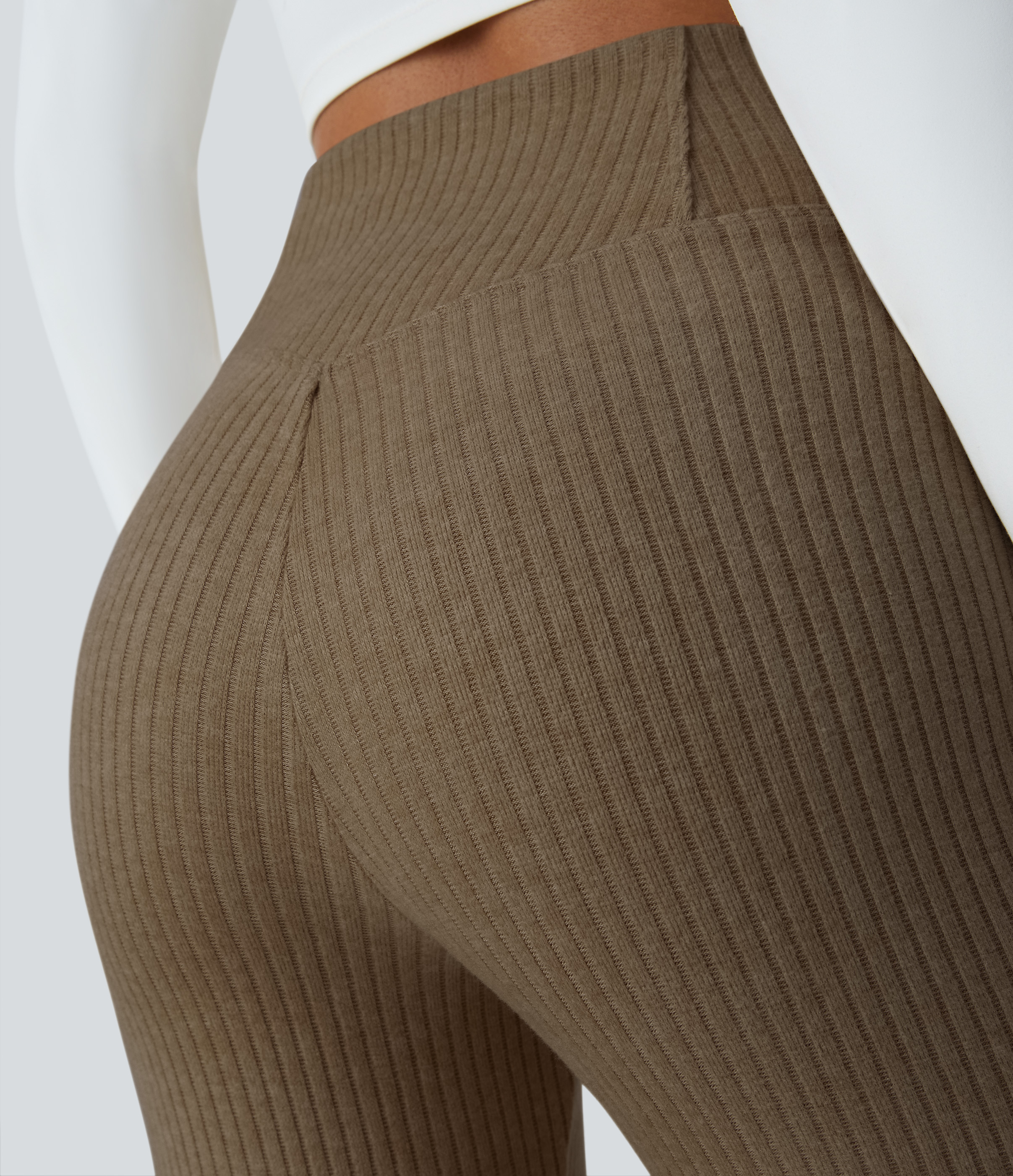 Ribbed Knit Crossover High Waisted Pocket Casual Flare Pants