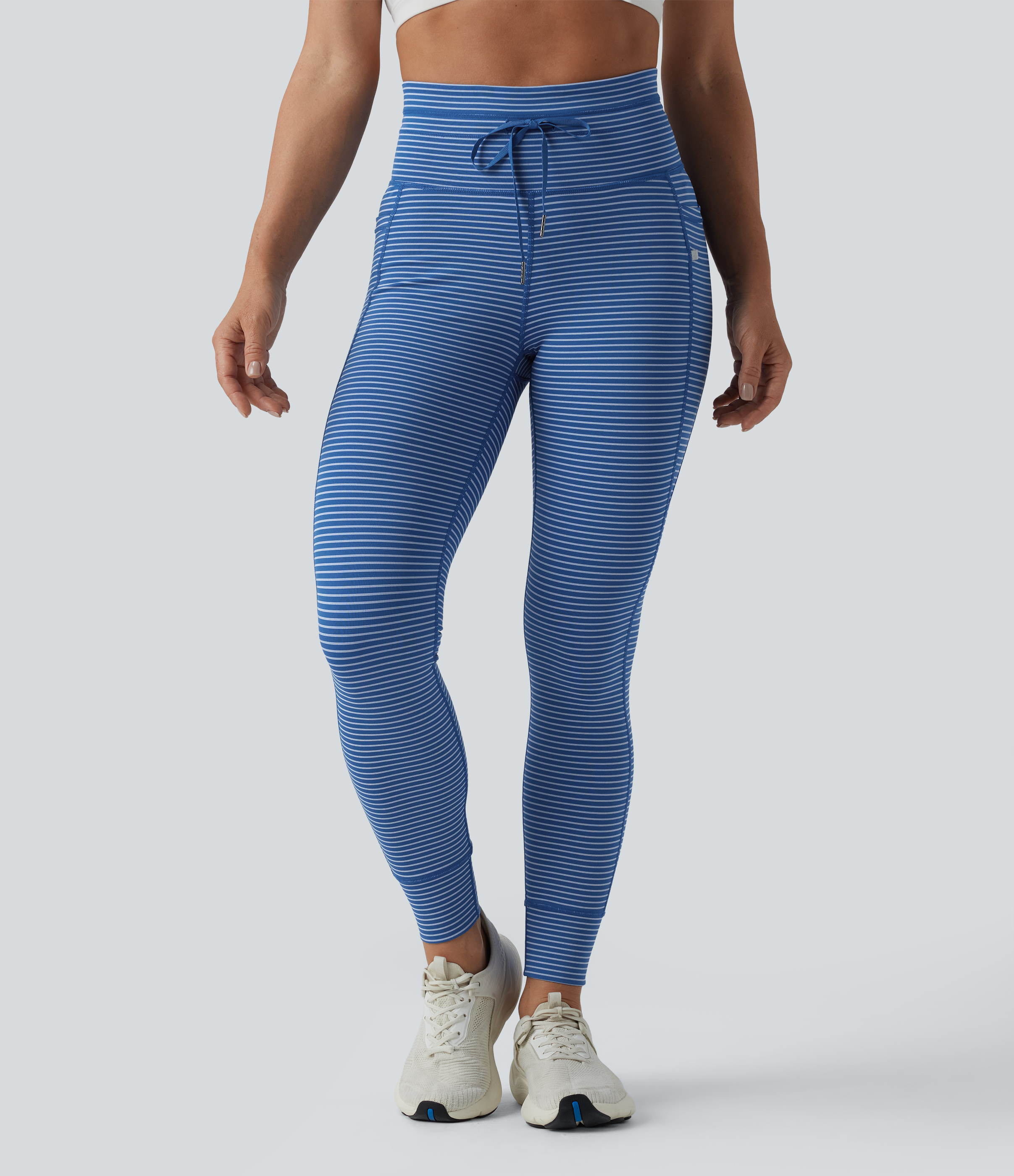 High Waisted Drawstring Striped Yoga Leggings with Pockets