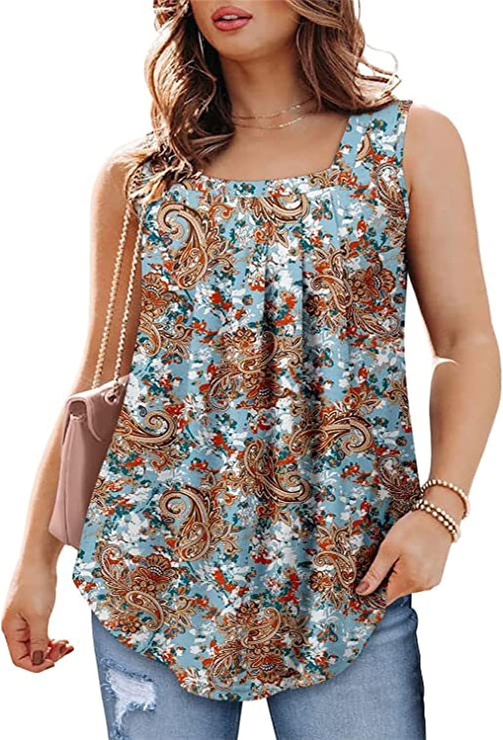 Women's Sleeveless Floral Print Tank Tops Elegant Casual Square Collar Summer Basic Cotton Camisole Tops for Women