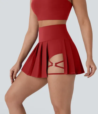High Waisted Pleated 2-in-1 Side & Pocket Asymmetric Hem Quick Dry Mini Dance Skirt