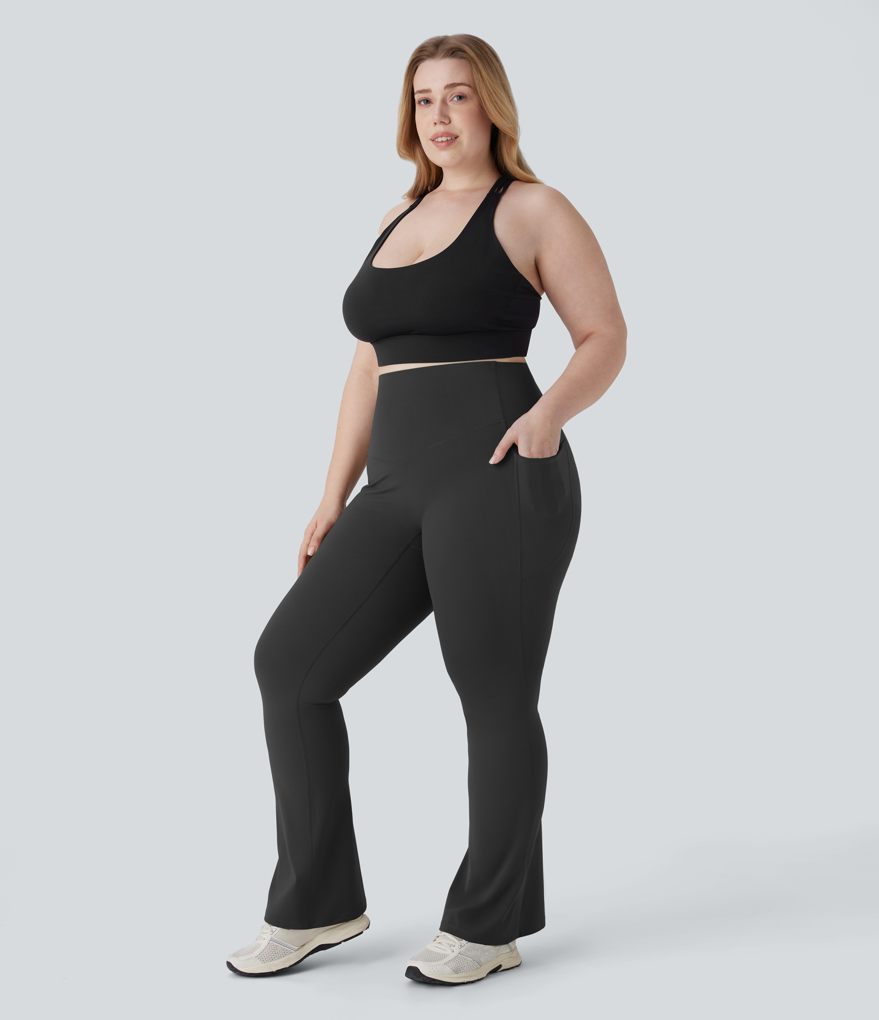 High Waisted Tummy Control Pocket Shaping Yoga Bootcut Plus Size Leggings
