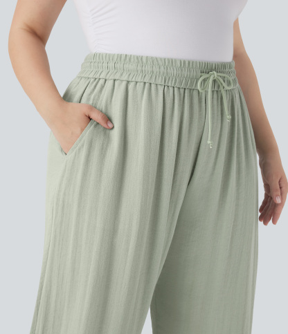 High Waisted Drawstring Linen-Feel Wide Leg Casual Plus Size Pants with Pockets