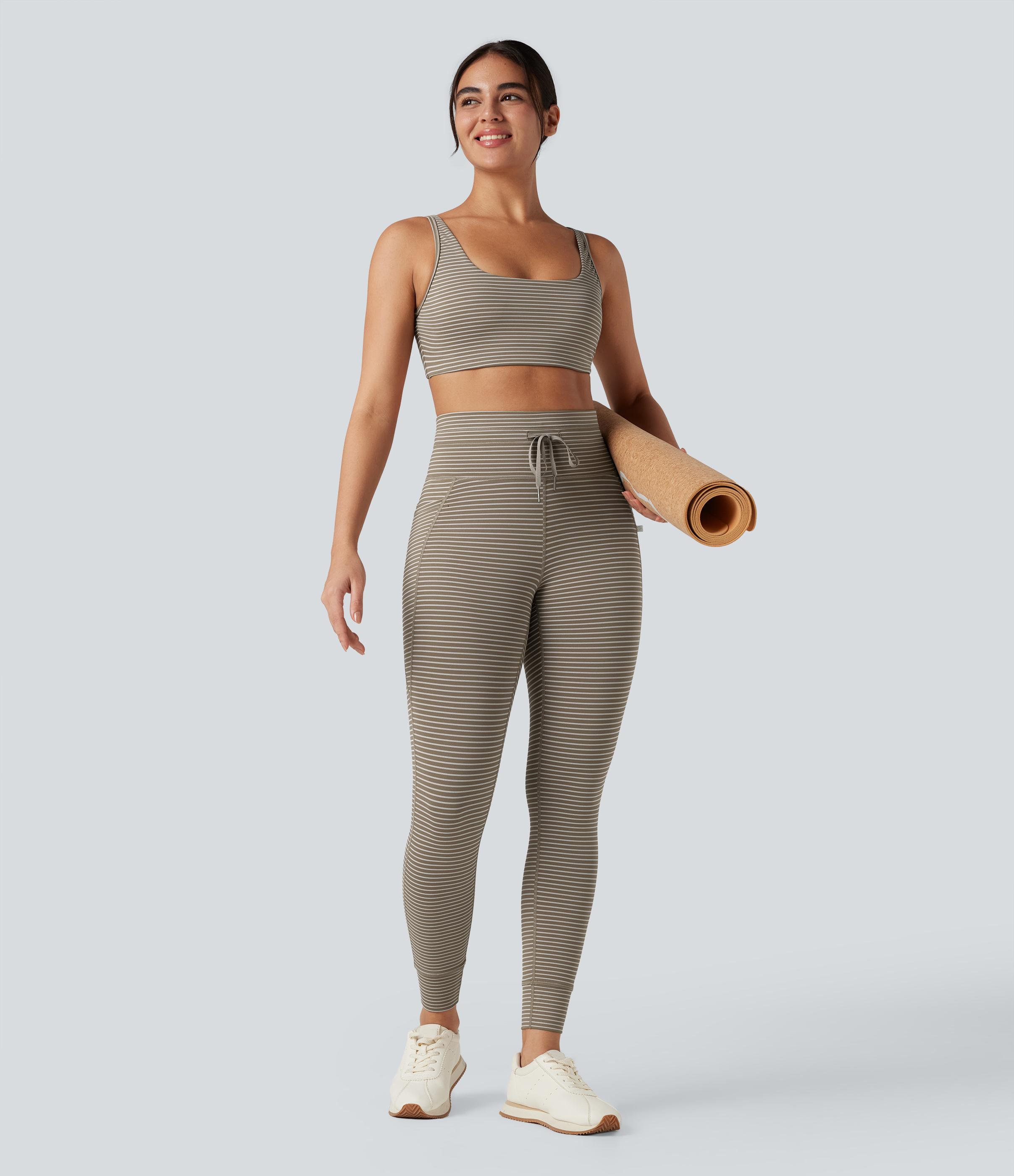 High Waisted Drawstring Striped Yoga Leggings with Pockets