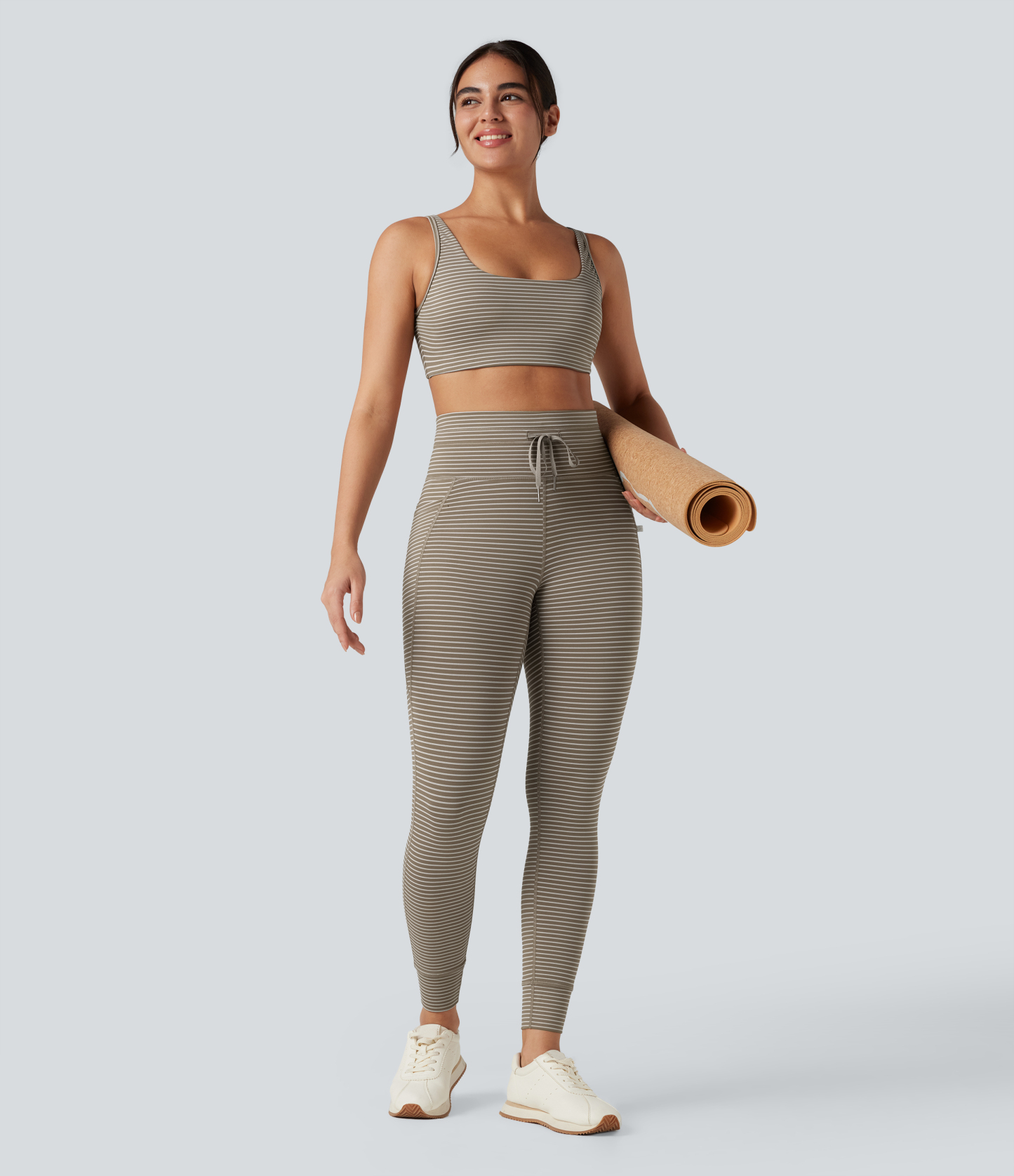 High Waisted Drawstring Striped Yoga Leggings with Pockets