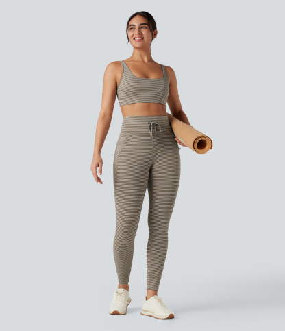 High Waisted Drawstring Striped Yoga Leggings with Pockets