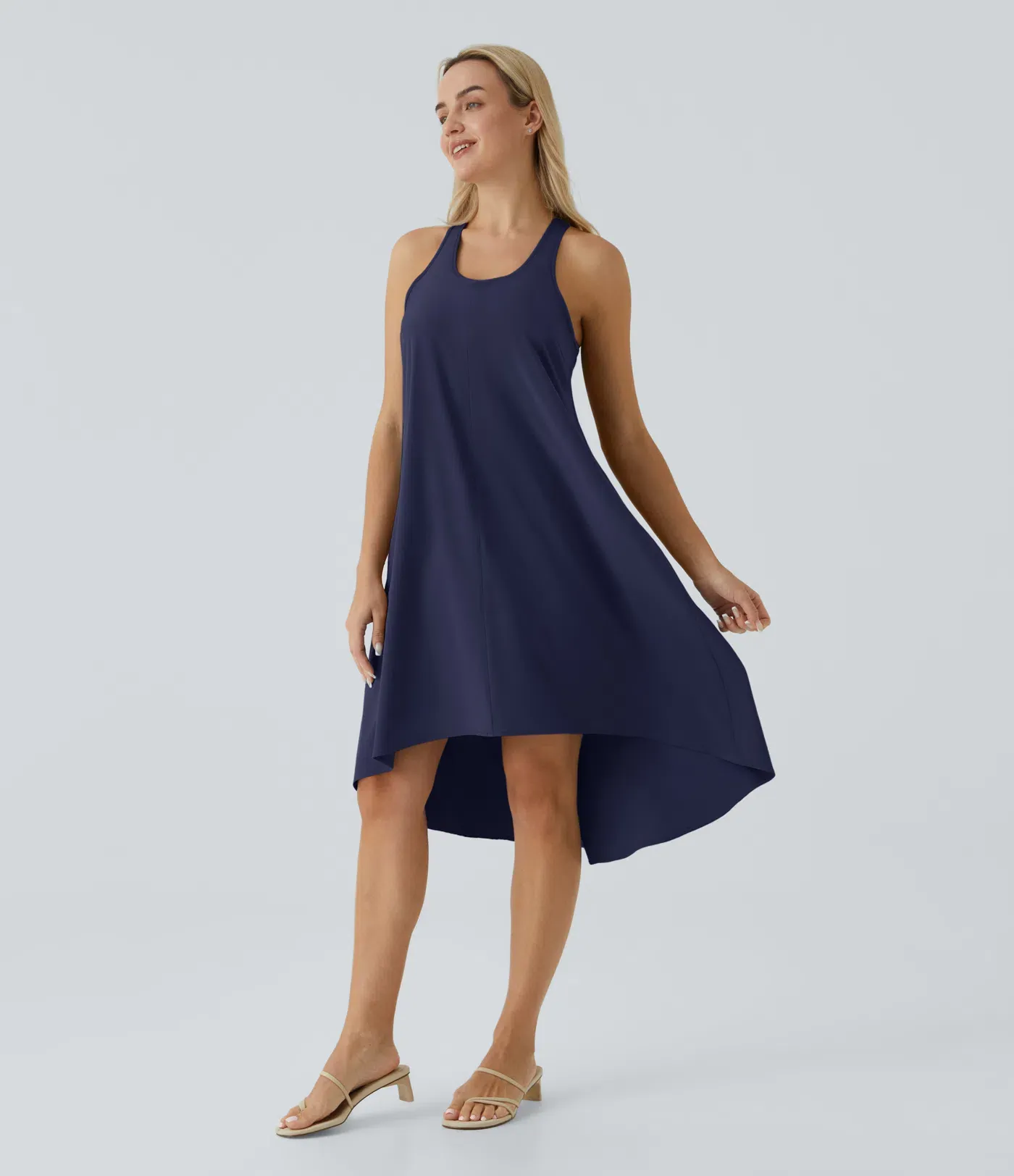 Backless Side-Pocket High-Low Hem Flowy Mid-Length Quick-Drying Casual Dress