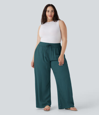 High Waisted Drawstring Linen-Feel Wide Leg Casual Plus Size Pants with Pockets