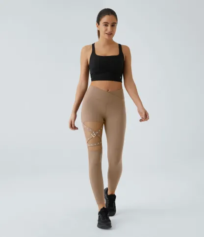 DayStretch High Waisted Crossover Contrast Mesh Decorative Buckle Yoga Leggings