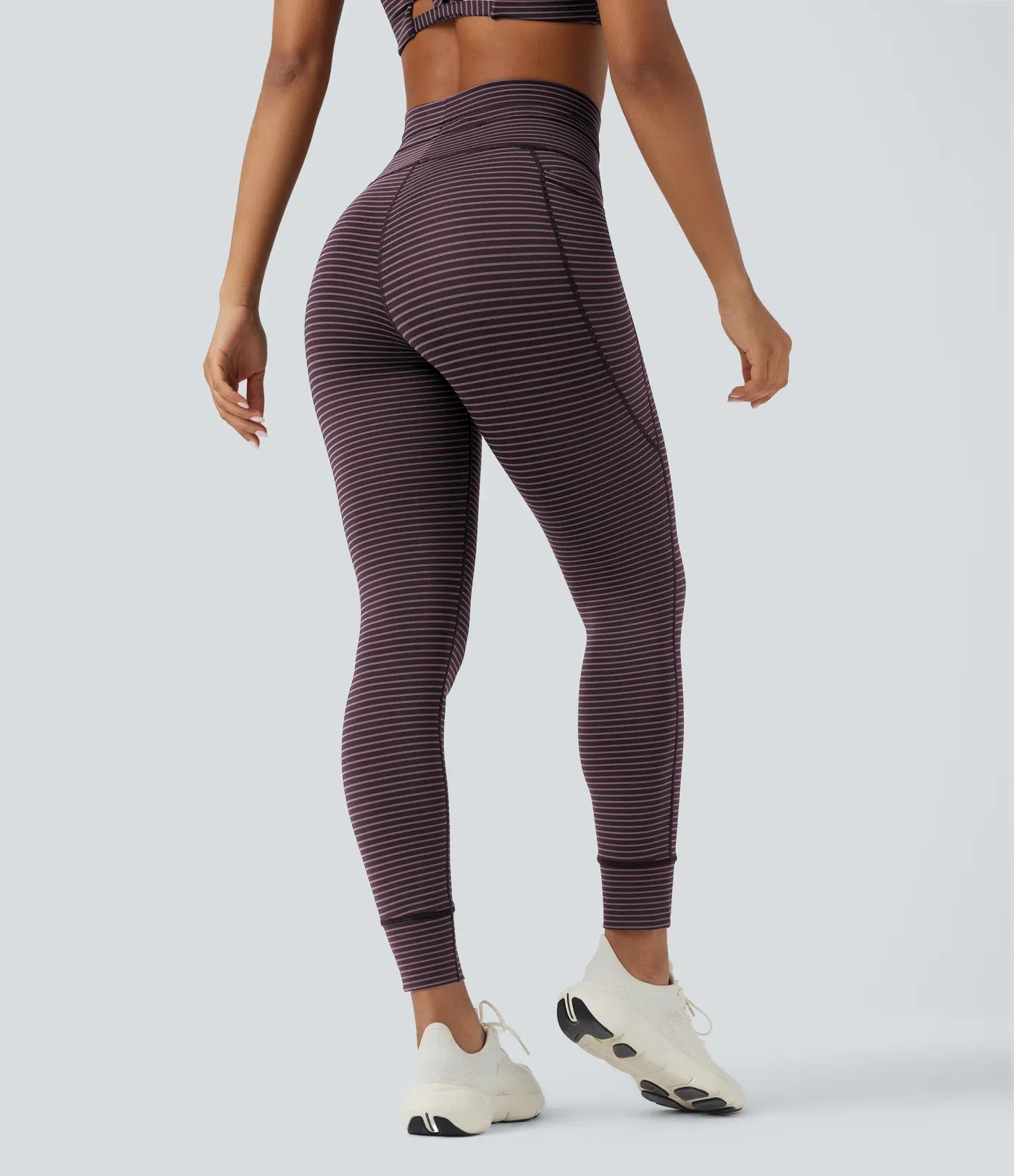 High Waisted Drawstring Striped Yoga Leggings with Pockets