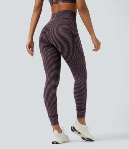 High Waisted Drawstring Striped Yoga Leggings with Pockets