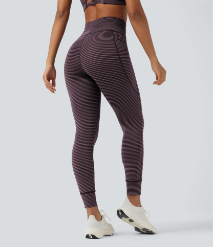 High Waisted Drawstring Striped Yoga Leggings with Pockets