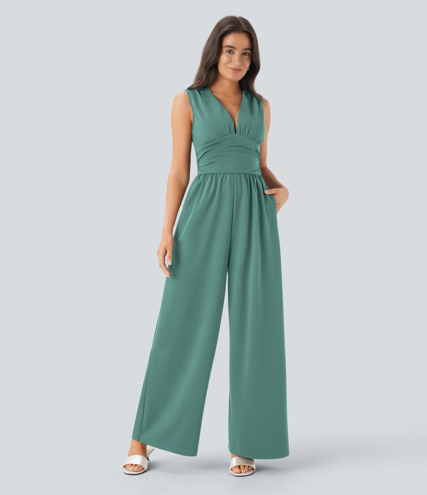 V Neck Sleeveless Ruched Pocket Jumpsuit-Easy Peezy