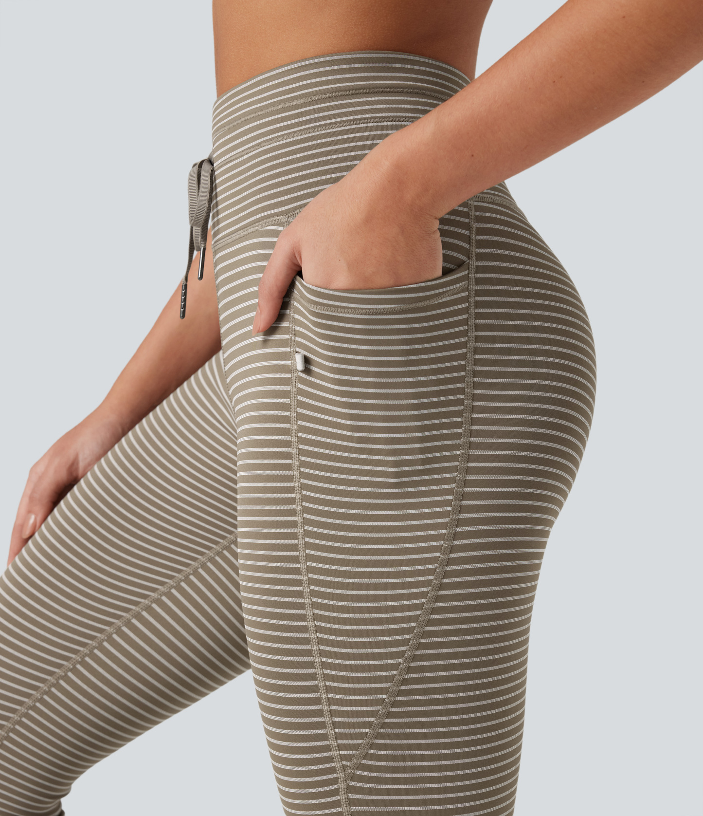 High Waisted Drawstring Striped Yoga Leggings with Pockets