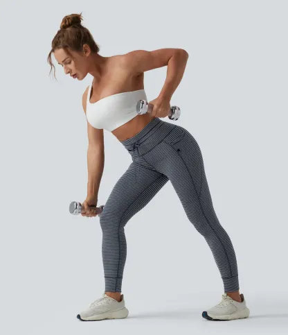 High Waisted Drawstring Striped Yoga Leggings with Pockets