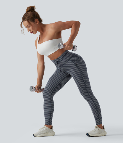 High Waisted Drawstring Striped Yoga Leggings with Pockets