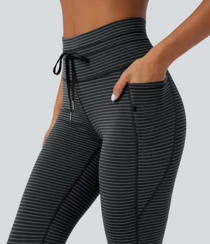 High Waisted Drawstring Striped Yoga Leggings with Pockets
