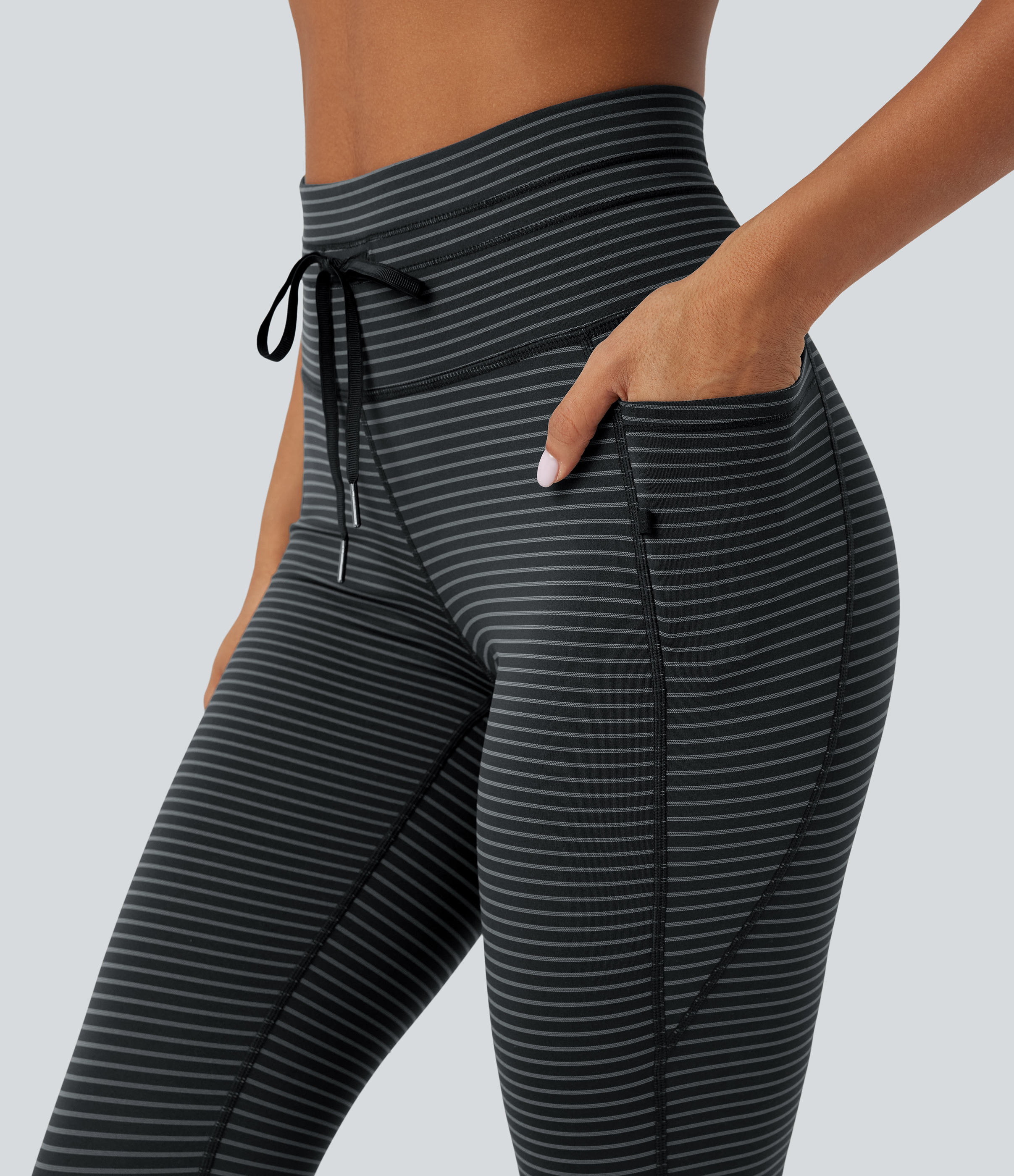 High Waisted Drawstring Striped Yoga Leggings with Pockets