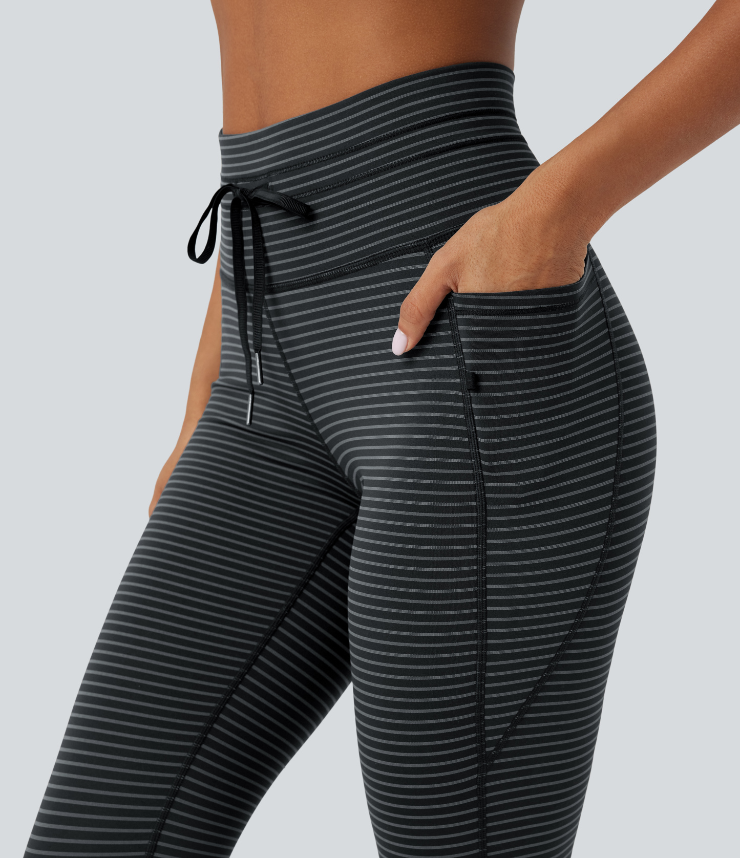 High Waisted Drawstring Striped Yoga Leggings with Pockets