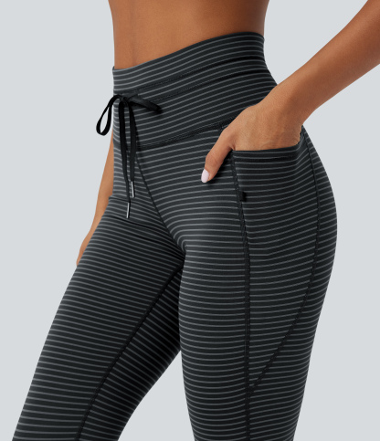 High Waisted Drawstring Striped Yoga Leggings with Pockets