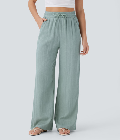 High Waisted Drawstring Pocket Wide Leg Casual Linen-Feel Pants