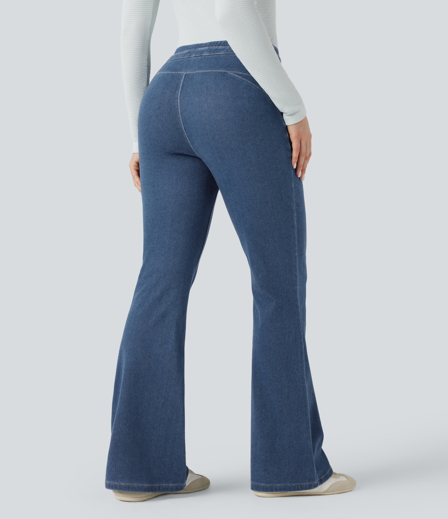 Denim Heat High Waisted Drawstring Casual Flare Leggings with Pockets