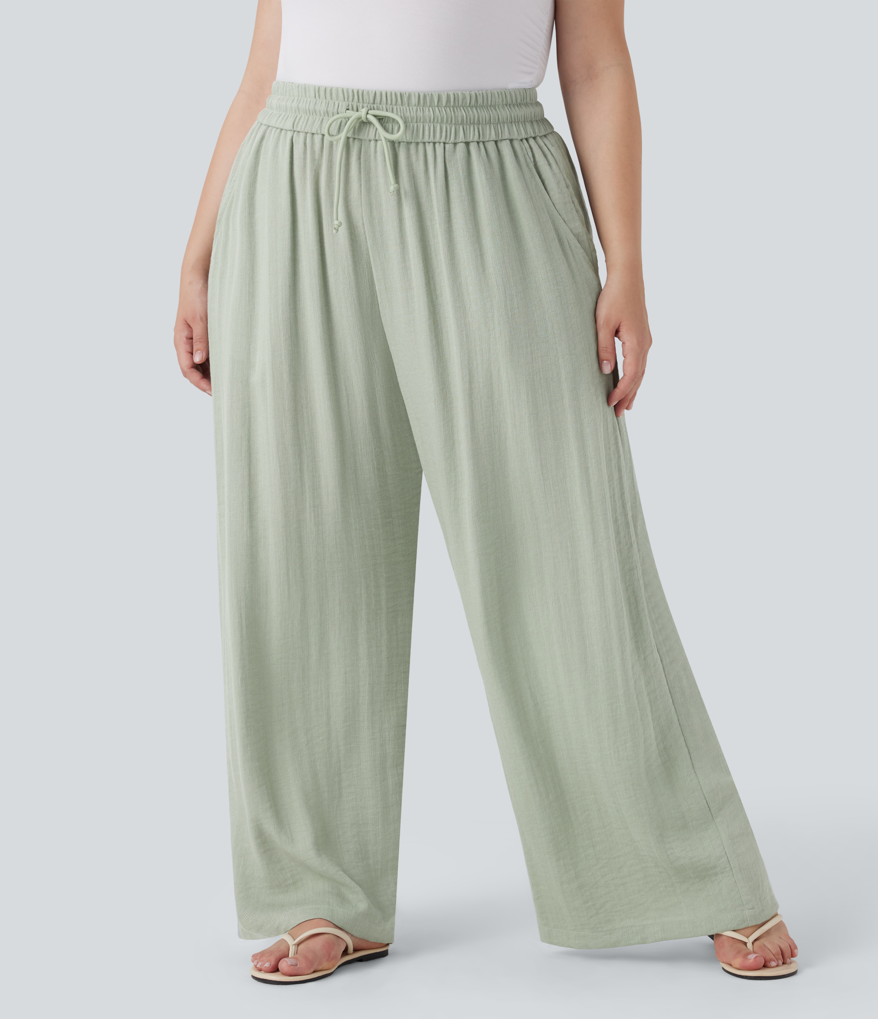 High Waisted Drawstring Linen-Feel Wide Leg Casual Plus Size Pants with Pockets