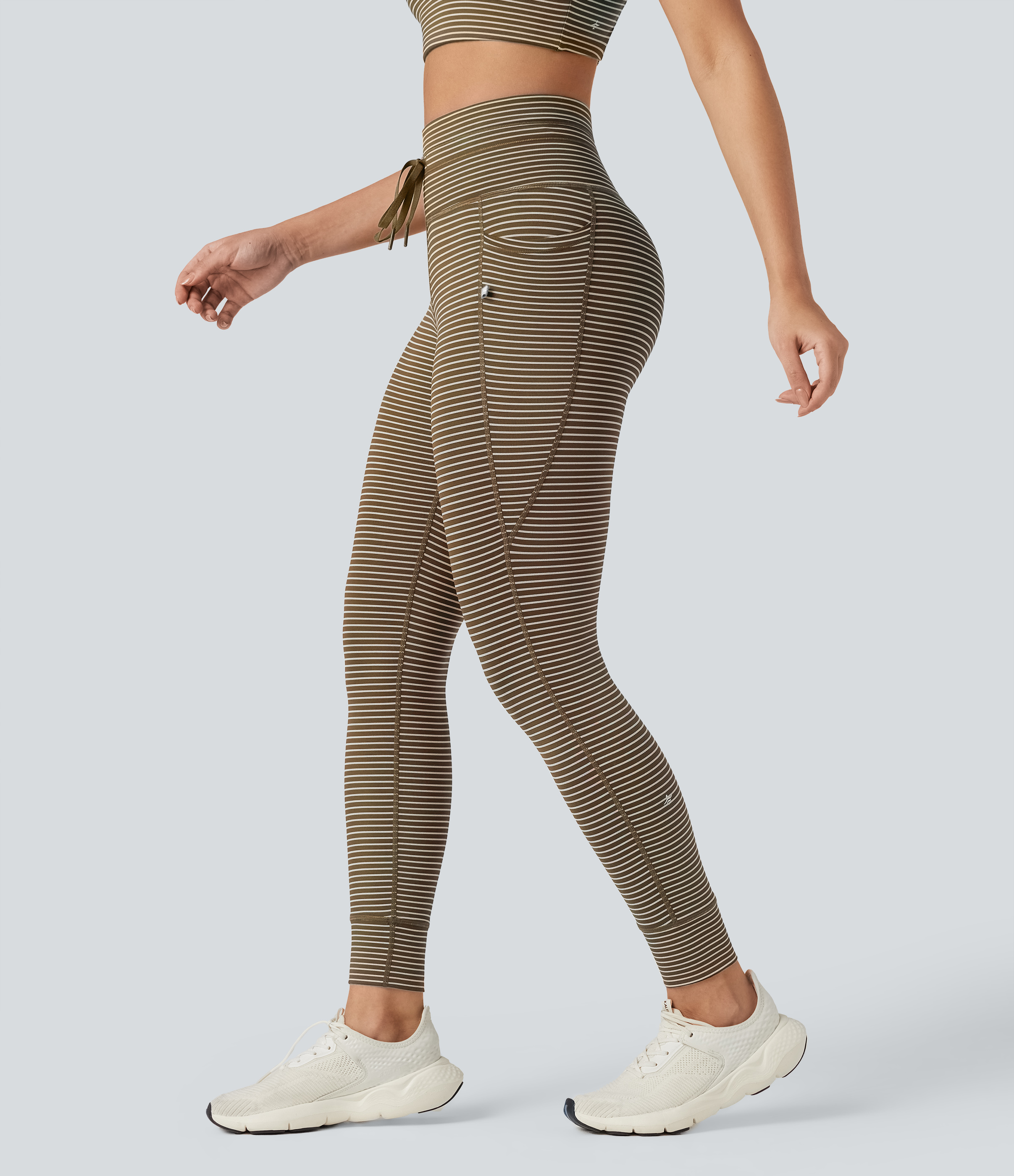 High Waisted Drawstring Striped Yoga Leggings with Pockets
