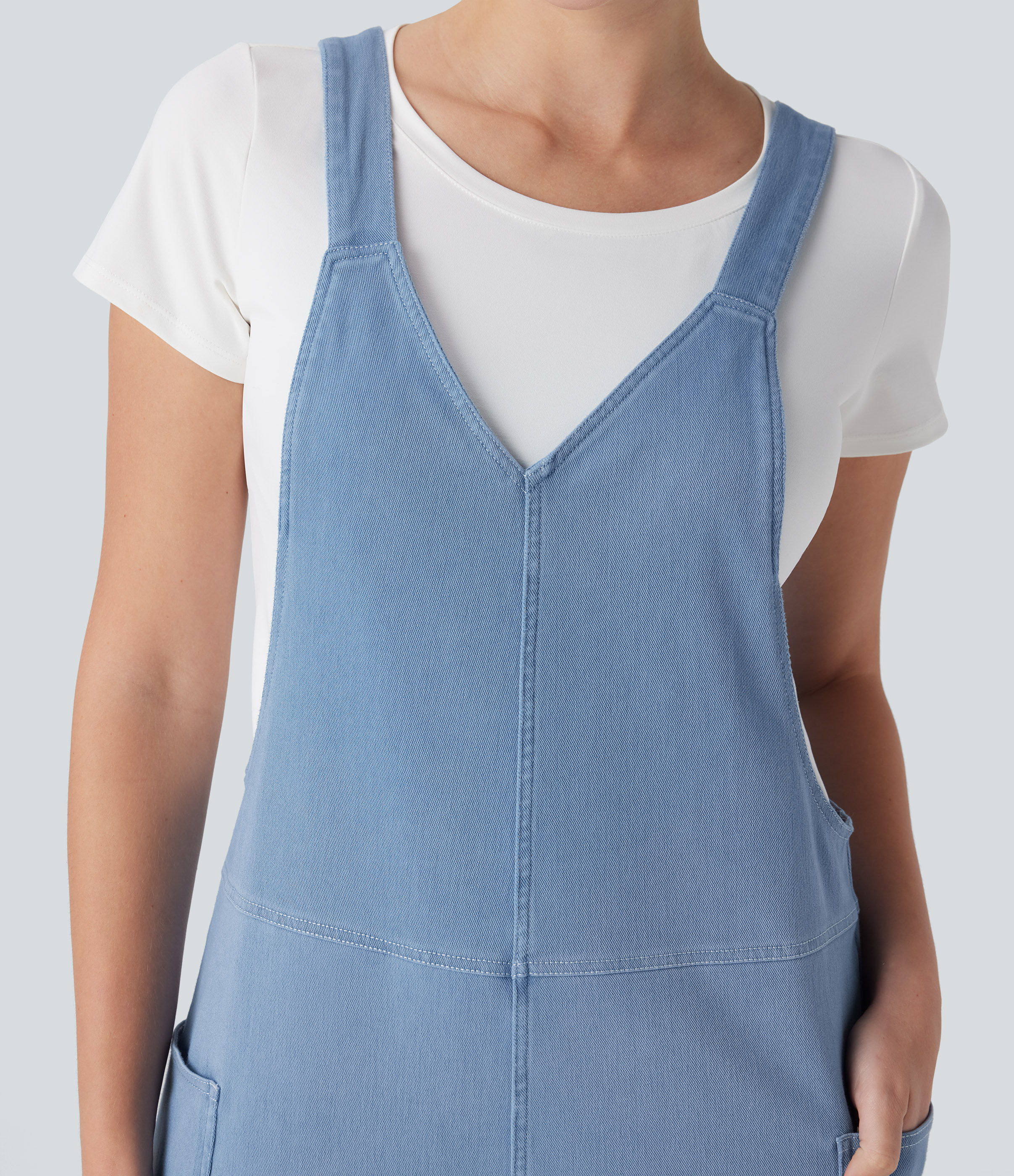 V Neck Pocket Washed Denim Casual Overalls