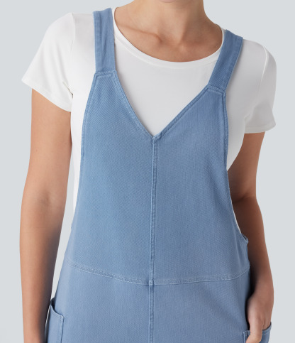 V Neck Pocket Washed Denim Casual Overalls