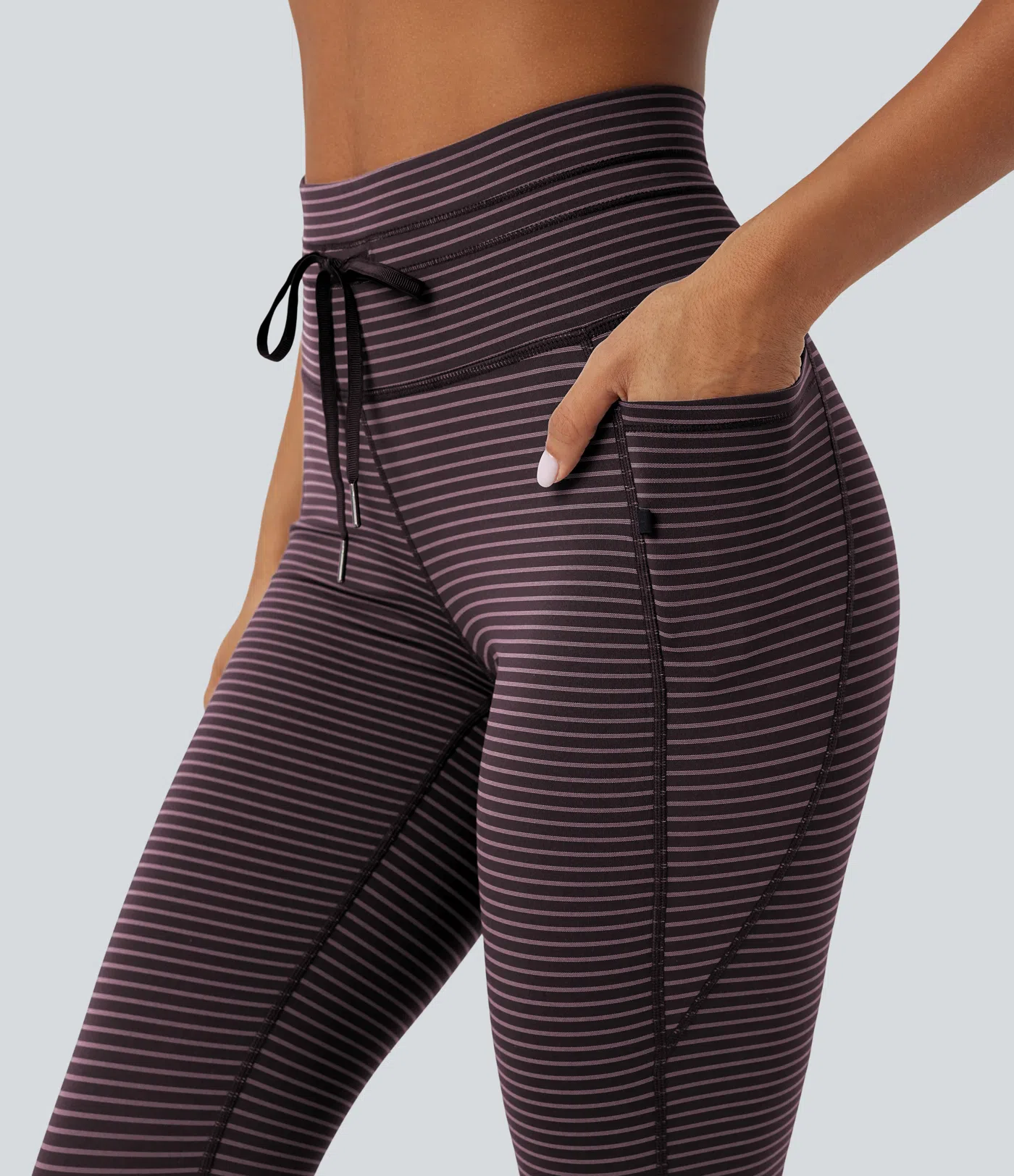 High Waisted Drawstring Striped Yoga Leggings with Pockets