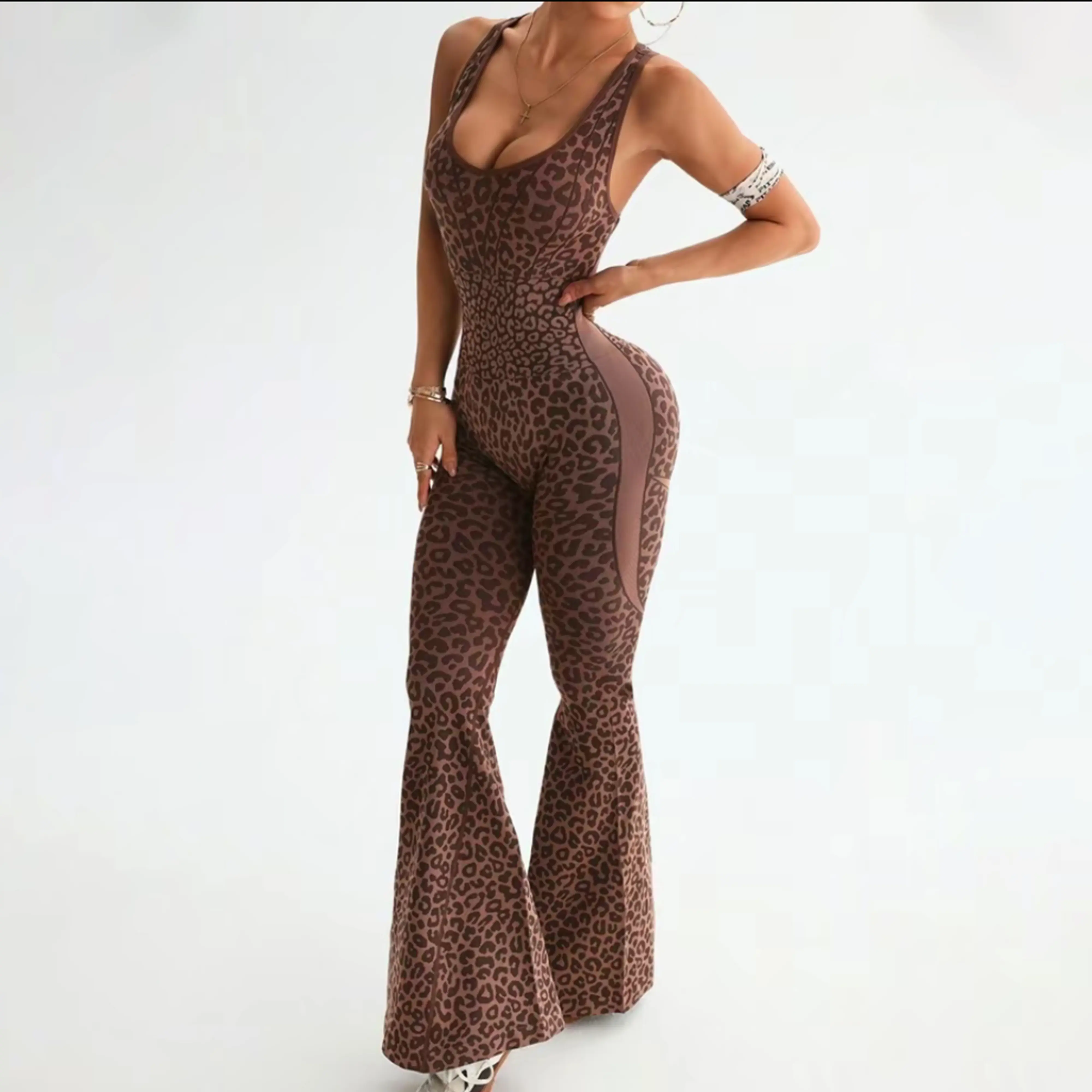 Women's Leopard Print Flared Sports Jumpsuit - Backless Hollow Cross-Twisted Back, High-Waisted, Cooling Quick-Drying, Figure-Flattering Gym Apparel, Sports Clothes, Casual Style for Yoga/Outdoor, Clothes for Women
