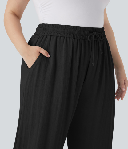 High Waisted Drawstring Linen-Feel Wide Leg Casual Plus Size Pants with Pockets